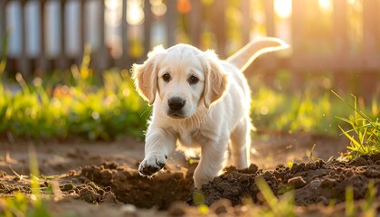 Golden retriever puppy runs through garden soil, bathed in sunlight, toward the viewer with a soft, grassy backdrop
