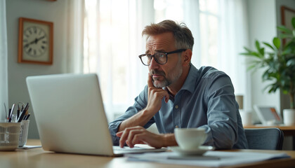 Thoughtful middle-aged man in glasses works on laptop in home office. Pensive businessman focuses on computer screen solving complex problem analyzing report. Worried freelancer reads bad news faces