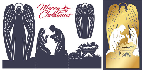 Christmas laser cut set: guardian angel, Holy Family, and Merry Christmas text. Three-fold card template for festive decoration, paper craft, and holiday projects. Black and white cutting silhouette