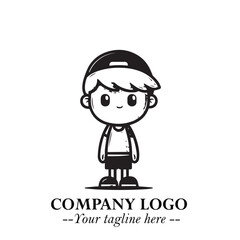 Black and White Chibi Boy Illustration with Jacket and Boots in Bold Thick Line Art Minimal Style