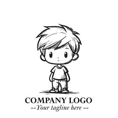 Black and White Chibi Boy Illustration with Jacket and Boots in Bold Thick Line Art Minimal Style