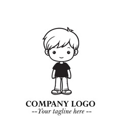 Black and White Chibi Boy Illustration with Jacket and Boots in Bold Thick Line Art Minimal Style