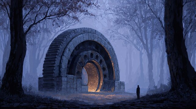 Ancient stone gear portal in misty forest