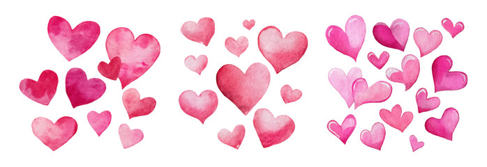 Set of watercolor pink hearts. Frame of pink hearts on isolated background. Cute hand drawn hearts. romantic elements for Valentine's Day, March 8, Mother's Day.