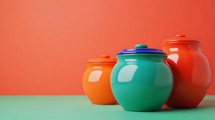 Vibrant Vessels: A trio of glossy, lidded jars in orange, teal, and red, set against a complementary background for a striking color composition. Bold, simple, and fun!