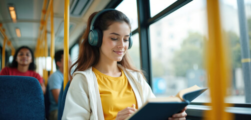 Young woman with headphones reads book on bus. Person listens to music, studies, or plans trip. Enjoying commute time on public transport with a book and audio.