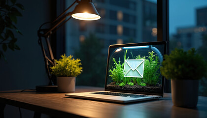 Laptop on office desk at night shows eco email concept. Green plants grow around a message icon on screen. A symbol of sustainable communication and business tech.