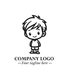 Black and White Chibi Boy Illustration with Jacket and Boots in Bold Thick Line Art Minimal Style