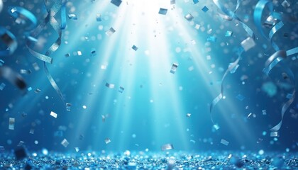 Bright blue background shows light rays shining down from above. Glitter, shiny confetti, curling ribbons fall. Party decoration creates festive mood for special celebration event, perfect happy