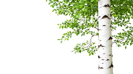 Fototapeta premium Slender Birch Trunk with Fresh Green Leaves – White Bark (Isolated Cutout) 