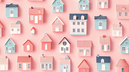 Colorful Miniature Houses Collection on Soft Pink Background