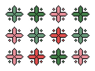 A collection of twelve pixelated floral patterns in pink and green hues arranged in a grid on a white background.