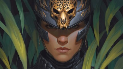 Closeup woman in armor with animal skull helmet
