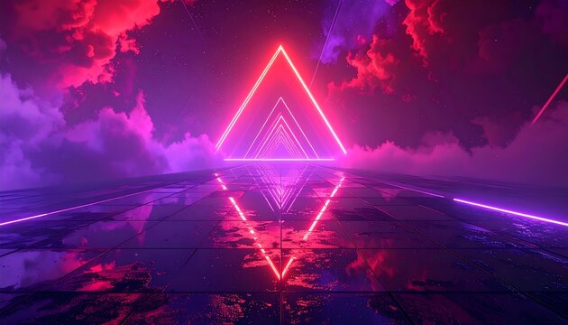 Glowing neon triangles extend into distance, reflected on dark surface under a cloudy, pink and purple sky