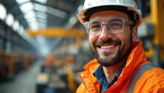 Happy male engineer in safety gear smiles at a factory. Industrial worker wears a hard hat, glasses, and a high-vis vest. Confident technician enjoys his job at a manufacturing plant. Pro man working.