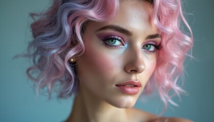 Fototapeta premium Close up portrait of woman with pastel pink and blue curly hair. Girl wears vivid eyeshadow makeup with colors. Beauty model poses in studio, demonstrates modern hairstyle and makeup.