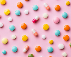 Colorful Pills and Capsules on Pink Background for Health Themes