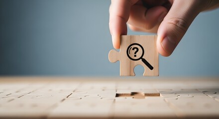 Hand holding puzzle piece with magnifying glass and question mark symbolizing search