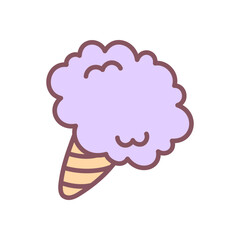 Cute cotton candy icon. Doodle illustration of fluffy candy floss in lavender tones. Kawaii sticker. Vector 10 EPS.