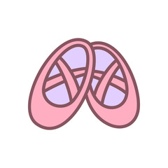 Cute ballet shoes icon. Pair of pink ballet slippers with ribbons. Kawaii girly sticker. Vector 10 EPS. © slybrowney