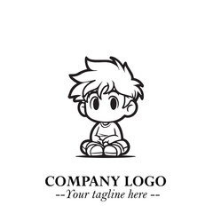 Black and White Chibi Boy Illustration with Jacket and Boots in Bold Thick Line Art Minimal Style