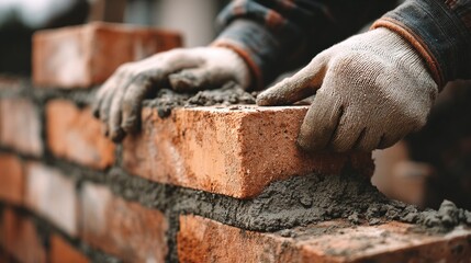 Close-up of bricklayer's hands carefully positioning a brick on a wall, showcasing construction precision and craftsmanship.  Focus on masonry, texture, and labor.