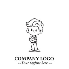 Black and White Chibi Boy Illustration with Jacket and Boots in Bold Thick Line Art Minimal Style