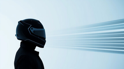 Elegance meets speed. Sleek helmet captures futuristic design as the rider stares into the distance, towards the streaks of light representing motion and velocity.