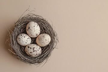 Obraz premium Nest with Speckled Eggs on a Neutral Background for Nature Themes