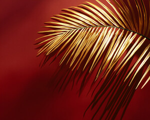 Obraz premium Golden Palm Leaf on Red Background with Dramatic Shadow Effect