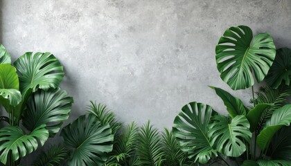 Rich green tropical plants like Monstera, palm leaves frame textured gray concrete wall. Ample empty copy space for text product display. Natural botanical backdrop creates modern urban jungle