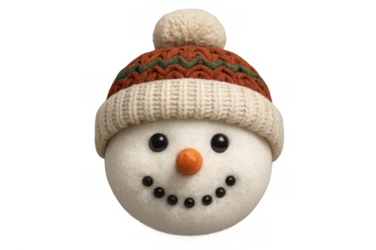Snowman head wearing knitted hat with pom-pom, smiling, celebrating christmas and winter holidays on transparent background
