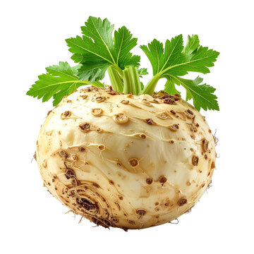 A celeriac bulb with vibrant green leaves, clipart, isolated on a transparent background.