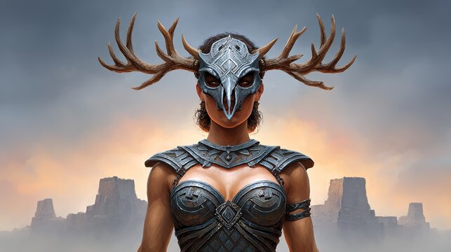 Female warrior with deer antlers mask and armor