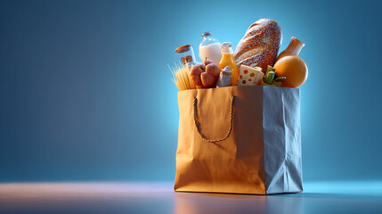 A grocery bag filled with bread milk cheese and other assorted food items