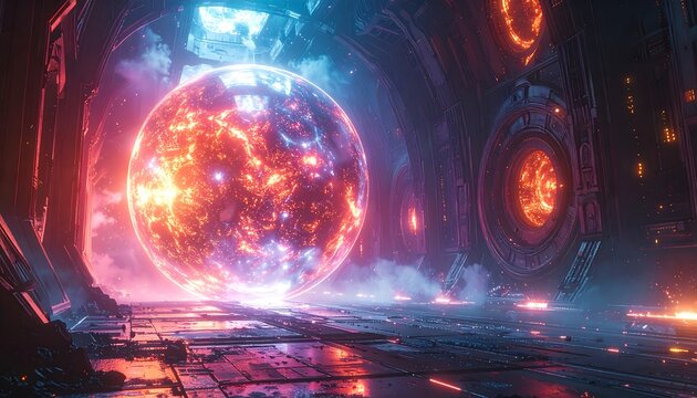Glowing orb illuminates a futuristic tunnel with detailed metallic walls and floor, creating a sci-fi atmosphere