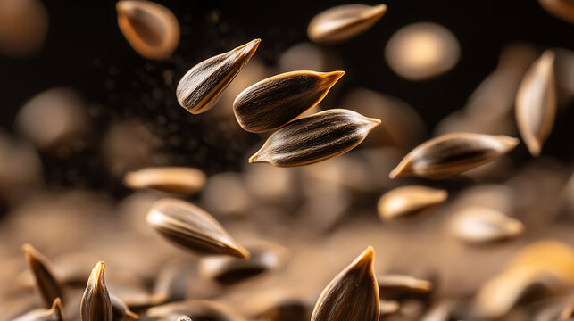 Close-up of falling nutritious sunflower seeds against dark backdrop. The seeds have unique textures, patterns, and earthy tones creating an aesthetically pleasing visual.