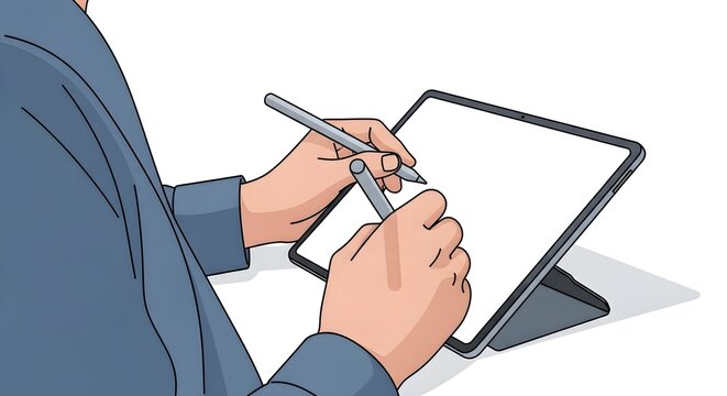 Person's hands holding a digital stylus, actively drawing on a blank tablet screen.