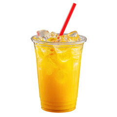 Refreshing orange juice drink with ice and red straw isolated on transparent background