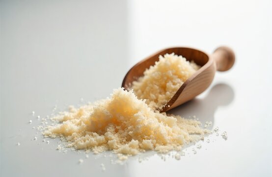 Granular powder spills from wooden scoop onto white surface. This dry ingredient is light yellow and appears crystalline. Use for health or food. - Powered by Adobe