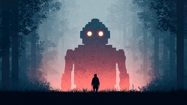 Giant robot in foggy forest silhouette figure - Powered by Adobe
