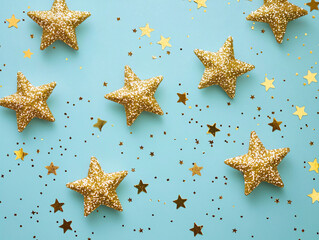 Shimmering Gold Stars on Soft Blue Background for Celebration Themes