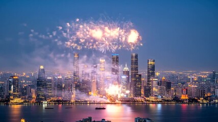 Spectacular fireworks display over a vibrant city skyline at twilight, reflecting on water - Powered by Adobe