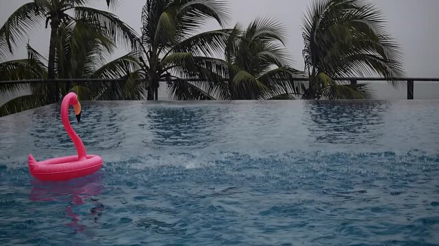 Creative 4K humorous video showing pink flamingo float drifting luxury swimming pool unexpected rainfall representing irony cancelled vacation plans contrast tropical leisure unpredictable weather