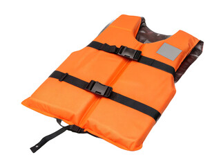 Orange life jacket isolated on transparent background, safety equipment for water