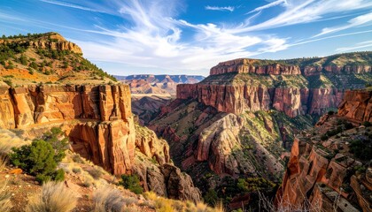 Vast Canyon Landscape Under a Blue Sky with Wispy Clouds and Sunlit Rock Formations in Arizona