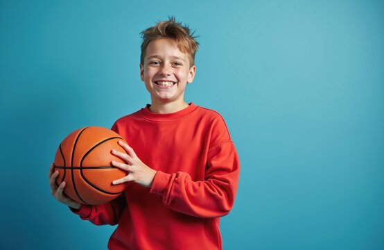 Joyful young boy holds basketball smiling. Teenager wears red sports sweatshirt against blue background. Kid enjoys physical activity with ball. Healthy lifestyle. Happy person plays sport with