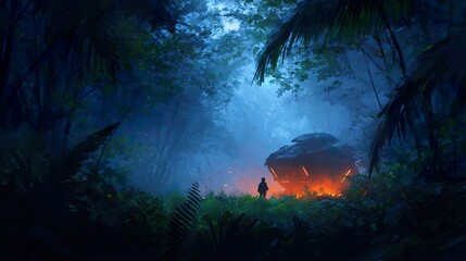 Mysterious alien craft in dark jungle