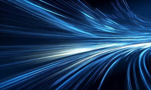 Abstract depiction of rapid movement and energy flow with bright blue light streaks against a dark background conveying speed and dynamism