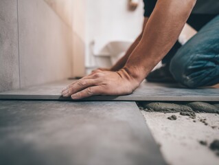 Man laying tile home renovation close up